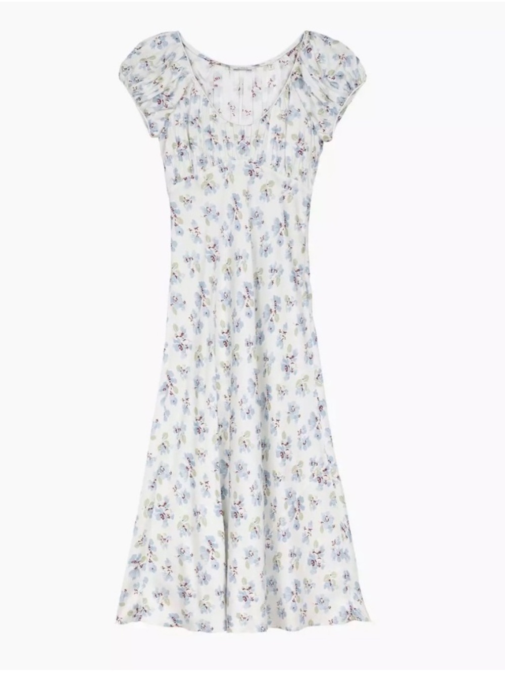NWOT Doen Floral Puff-Sleeve Midi Dress in White and Light Blue, Size M